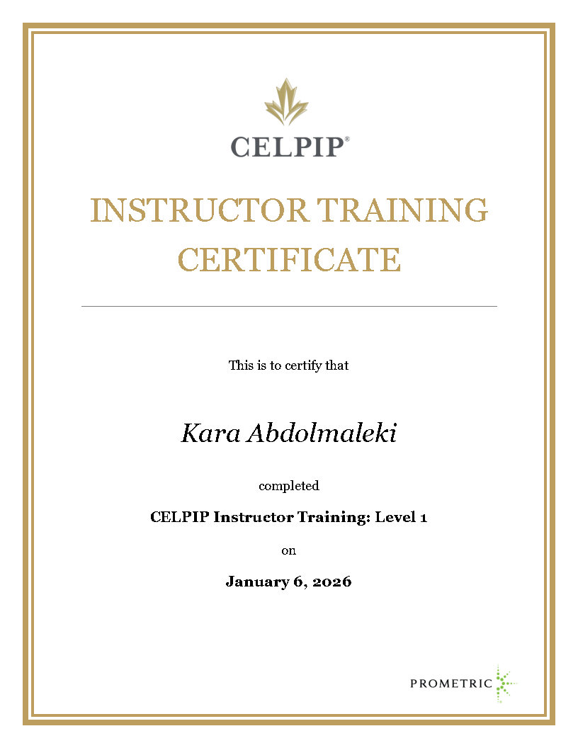 CELPIP Instructor Training Level 1 certificate for Kara Abdolmaleki