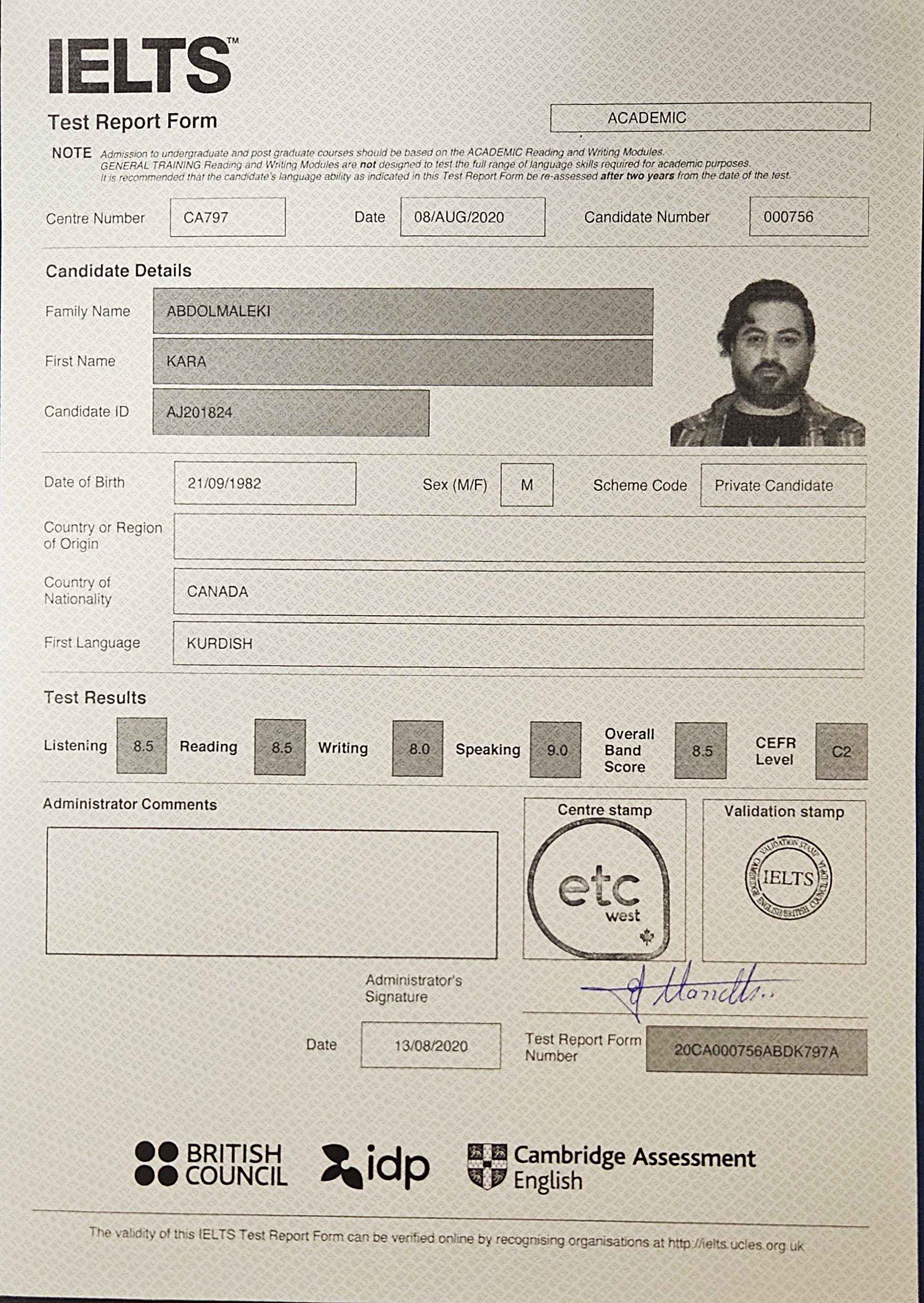 IELTS Academic test report showing overall band 8.5